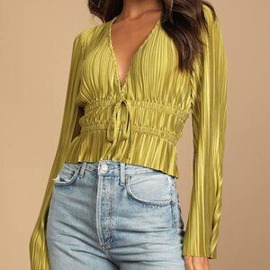 Lulus Staying Optimistic Chartreuse Pleated Bell Sleeve Top Green - Size S